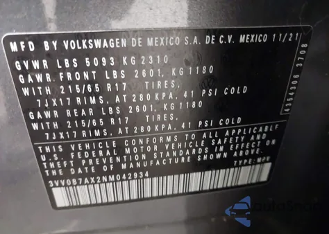 2022 Volkswagen Tiguan 2.0T S from USA, damaged, VIN 3VV0B7AX2NM042934